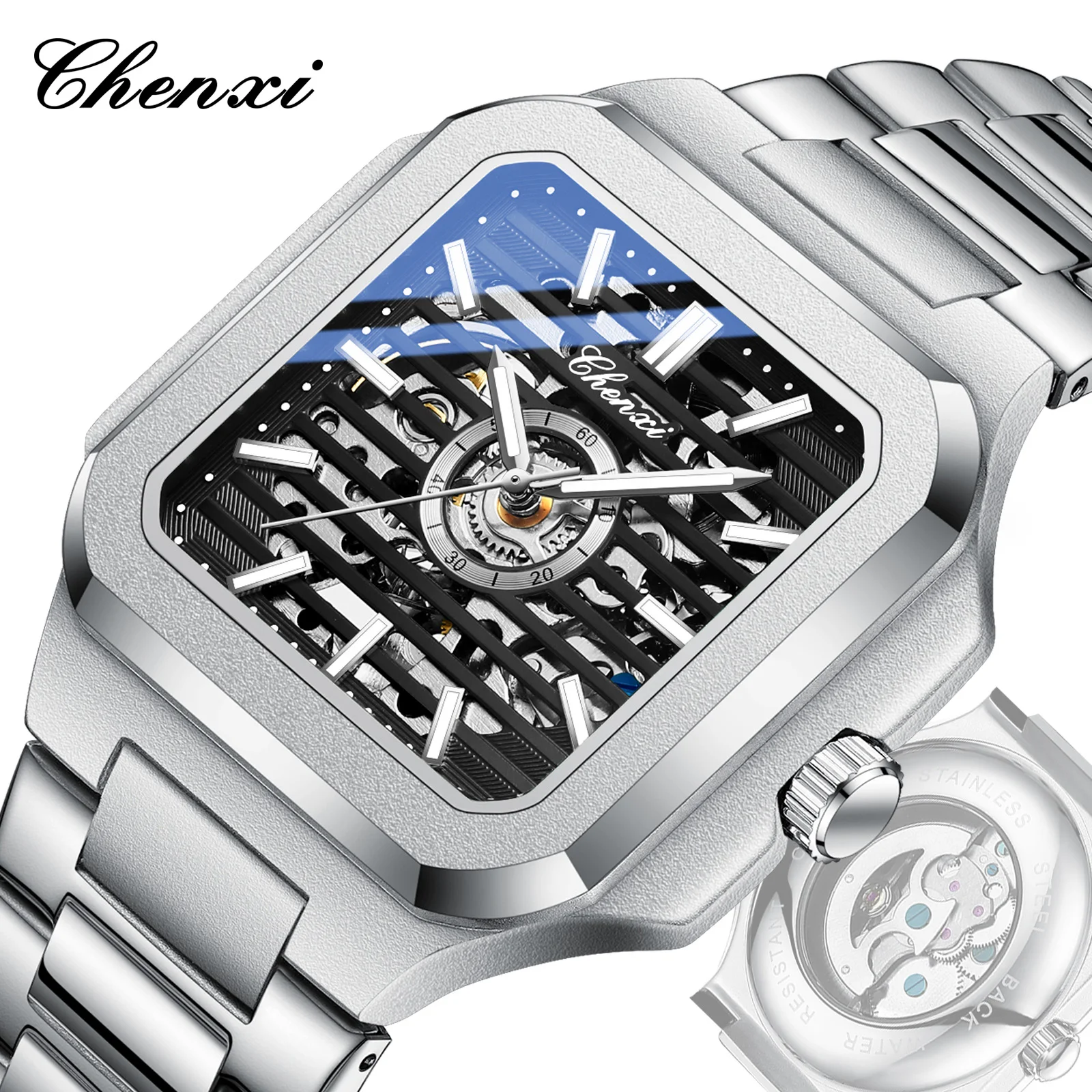 

CHENXI новые механические часы для мужчин, дизайн со скелетом, роскошные квадратные водонепроницаемые автоматические мужские аналоговые часы, деловые наручные часы