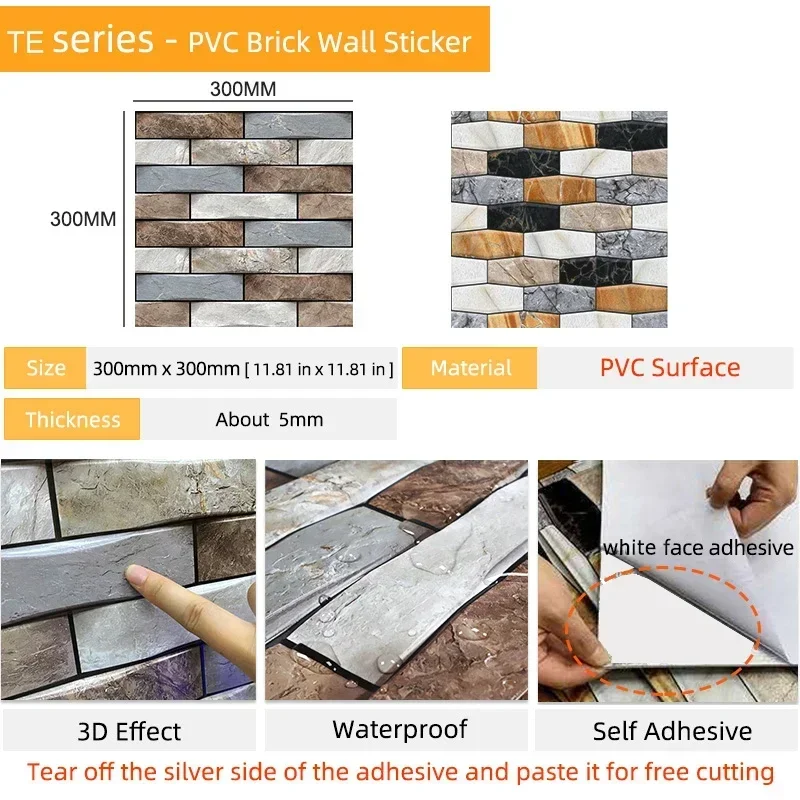 10PCS Wall Sticker Waterproof PVC imitation brick Wallpapers for TV walls living room bedroom kitchen kids rooms painted surface