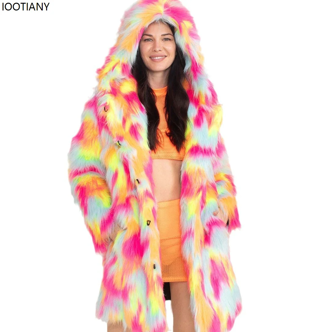 Fox Fur Coat In Europe And The United States Dazzle Color Hooded Fall And Winter Warm Mid-length Women's Imitation Fur Coat