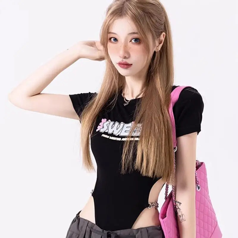 

Spice Girl black hollow short sleeve T-shirt women's summer sexy onesie slim short design sense top