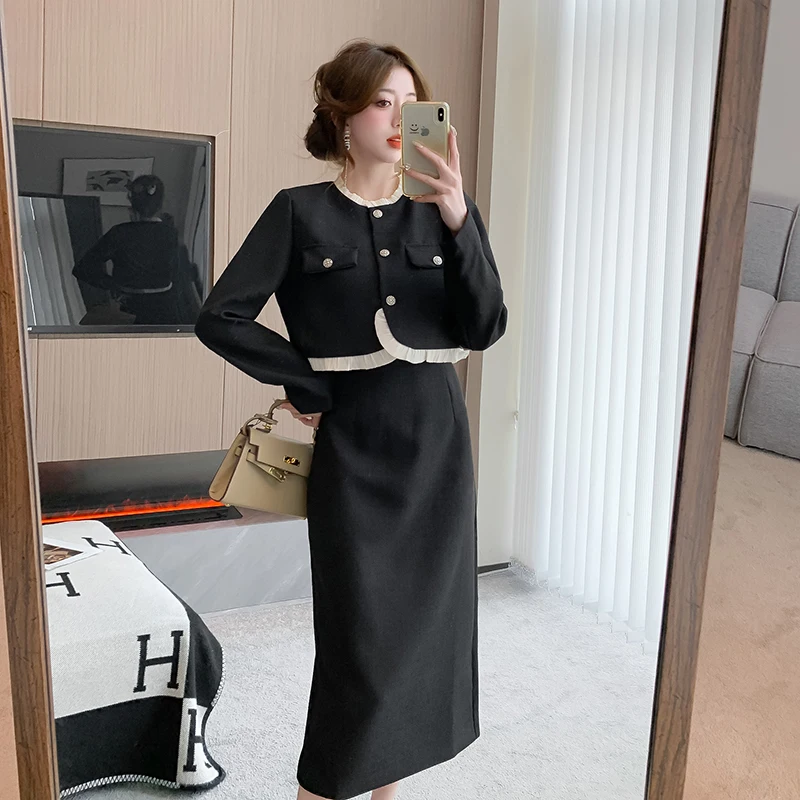 Autumn new small fragrance style ladies two-piece suit ladies short coat Crop Jackets and high-waisted mid skirt skirts