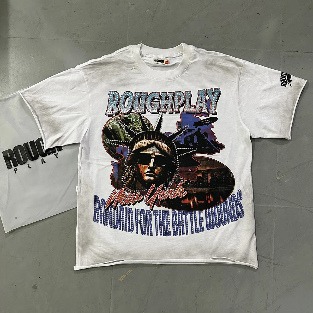 Rough Play Free Goddess Retro Washed Rhinestone Hole High Street Hip Hop Pure Cotton Short Sleeve T-Shirt Street Style City W...