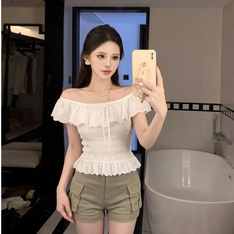 

Sweet Summer French Style Ruffle Hem Short T-Shirt Women's Fashion Shoulder Bared One-Shoulder Top Ultra-Short Length Sleeveless