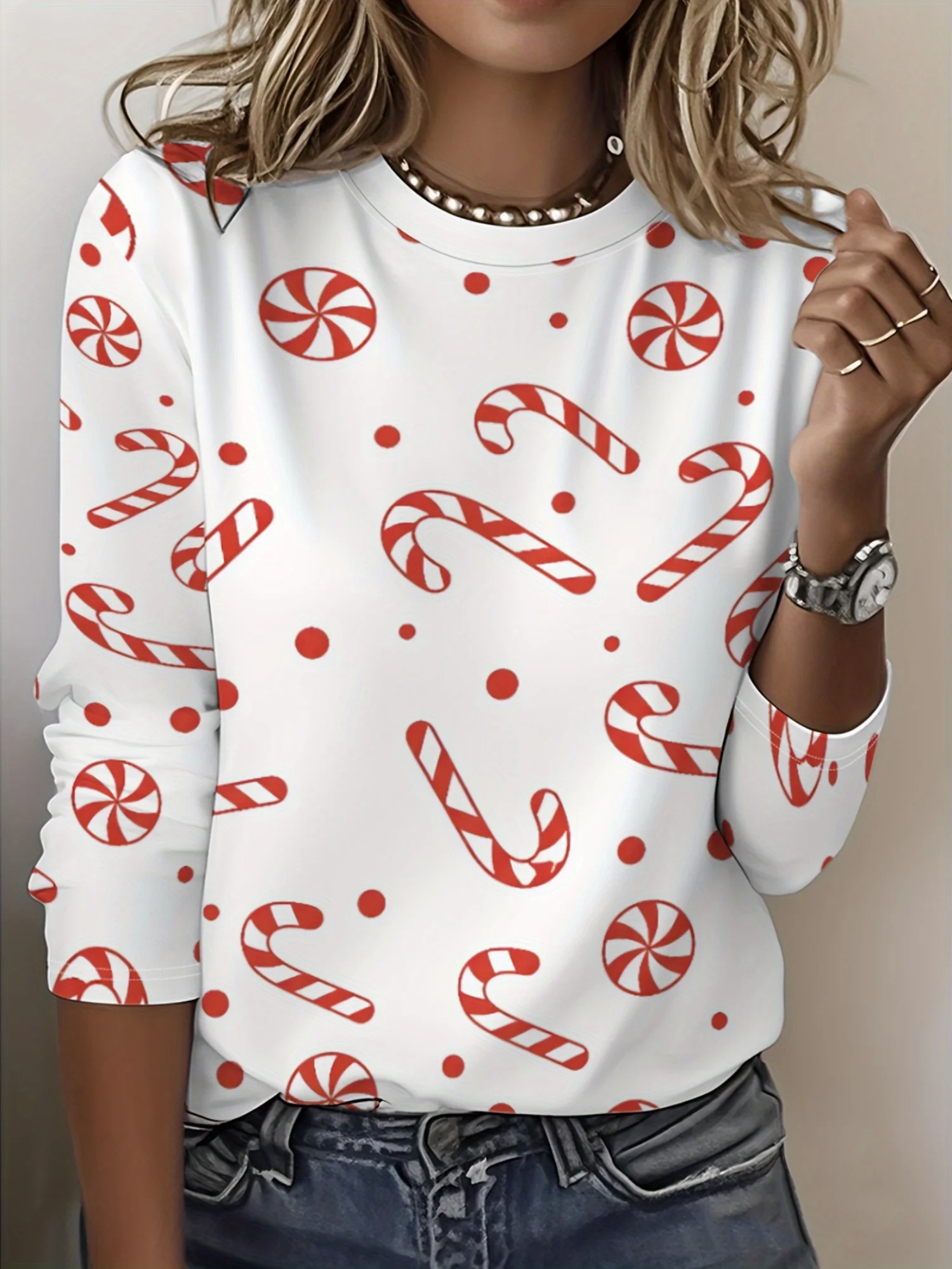 Women Long Sleeve T Shirt Christmas Candy Cane Print Autumn Fashion Casual Holiday Party Top Women's Clothes