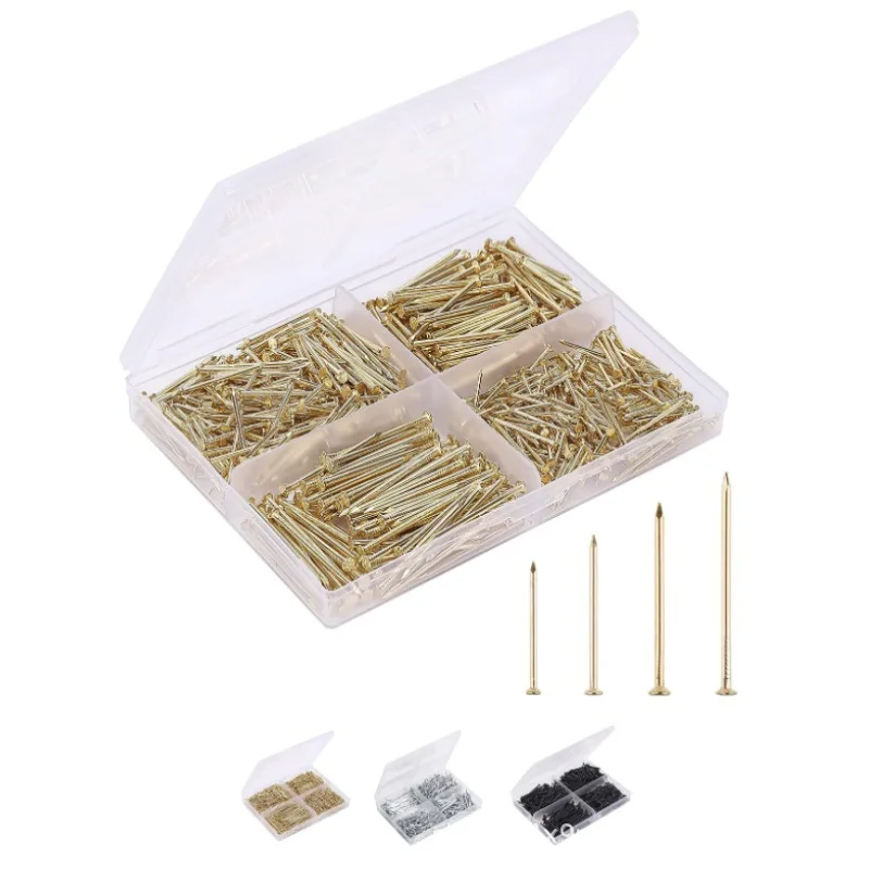 Nail Assortment Kit, 200 Pcs, 4 Sizes, Silver, Small Nails for Hanging Pictures, Finishing Nails, Gold Wall Nails for