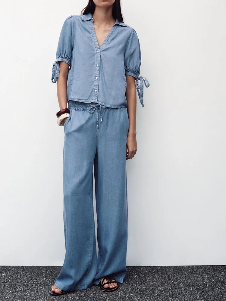 

New 2025 Women's Knot Decorated irt Wide Leg Pants Summer Collection Faionable Ethnic Sle Stage Costume