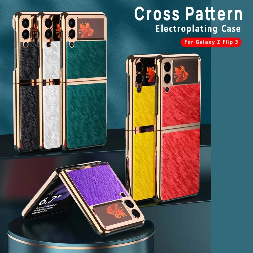 

Electropalting Fold Case For Samsung Galaxy Z Flip 3 ZFlip3 Luxury Cross Pattern Plating Frame Hard PC Back Cover Fundas Cqoue