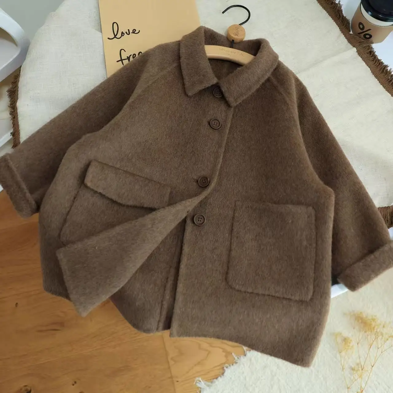 

Korean Children's Clothing 2025 Autumn And Winter New Retro Coffee Colored Woolen Coat For Boys And Girls British Style Coat