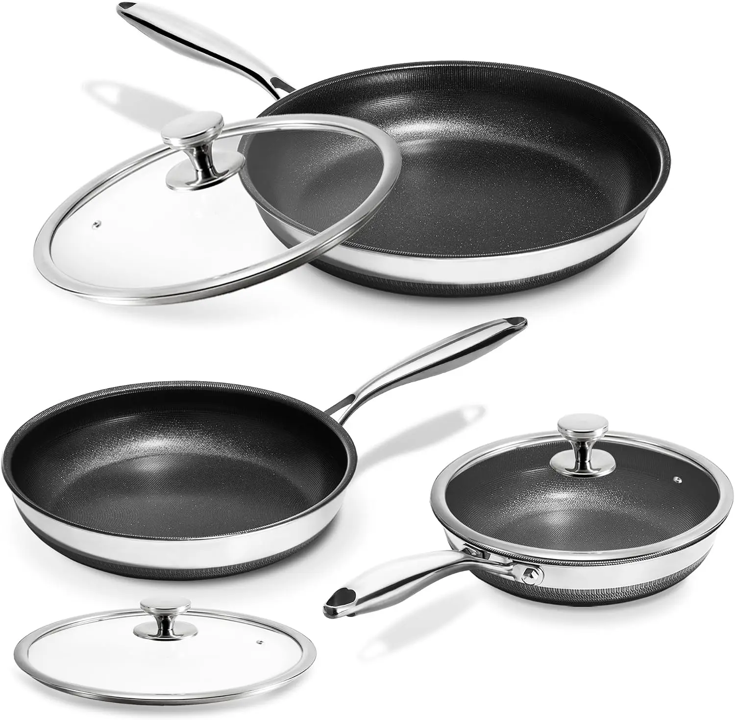 Titanium Ceramic Tri Ply Stainless Steel Skillet Set 8 10 12 Inch Non Stick Frying Pans With Lids Non Toxic Pfas Pfoa Ptfe Free
