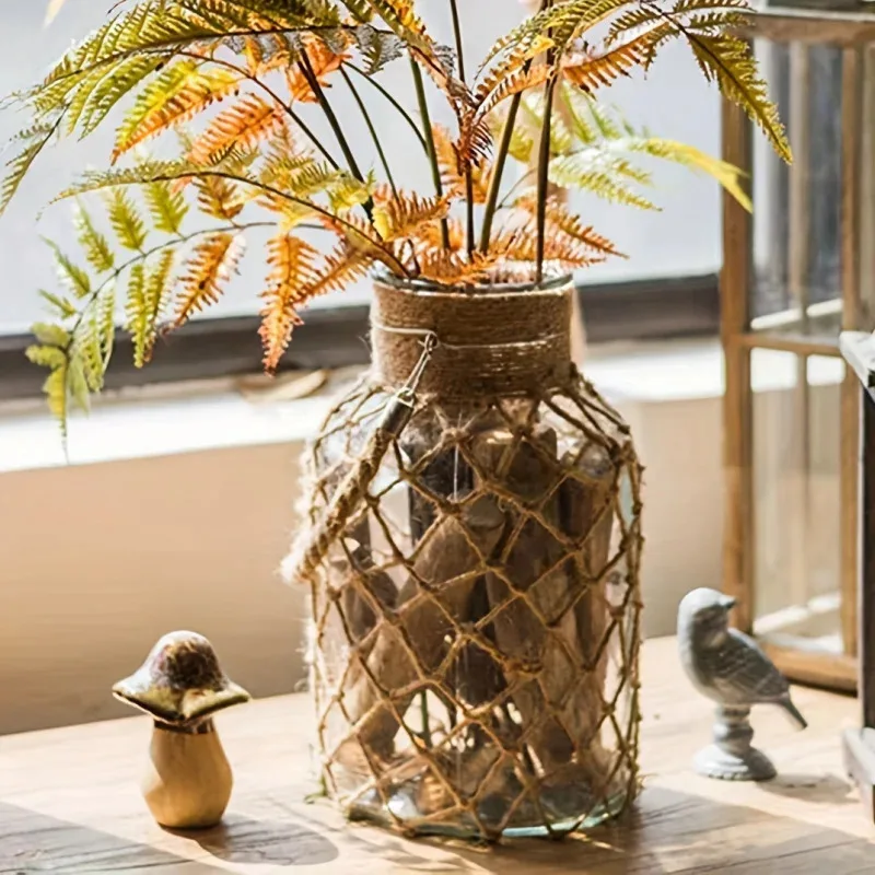 1PC Hanging Vintage Hemp Rope Vase - Hand-Braided Glass Vase, Tabletop Hydroponic Decorative Vase