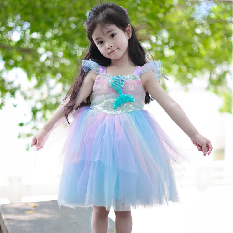 

2024 Colorful Tulle Girl Princess Dress Sequin Cute Girls Evening Dresses Summer Party Sleeveless Ball Vestido for Kid Children