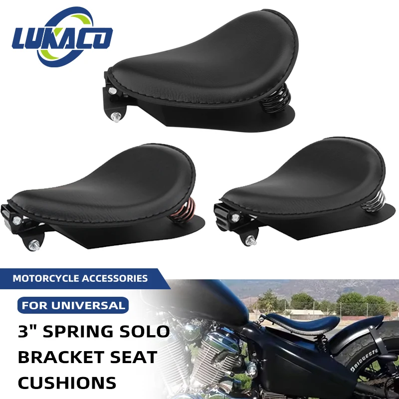 

Rider Motorcycle Solo Seat Retro PU Leather Black Slim 3" Spring Mounting Bracket Compatible with Har-Ley Honda Yamaha Kawasa