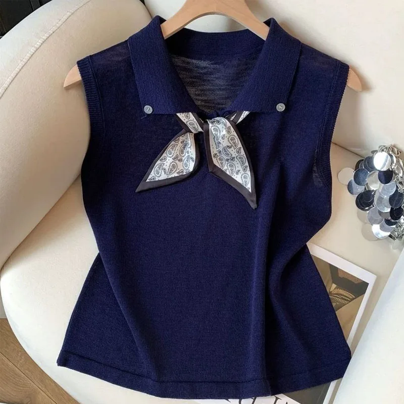 Silkworm Blend Scarf Polo Collar Knit Sweater New Style Age-reducing Loose T-shirt Top Silk