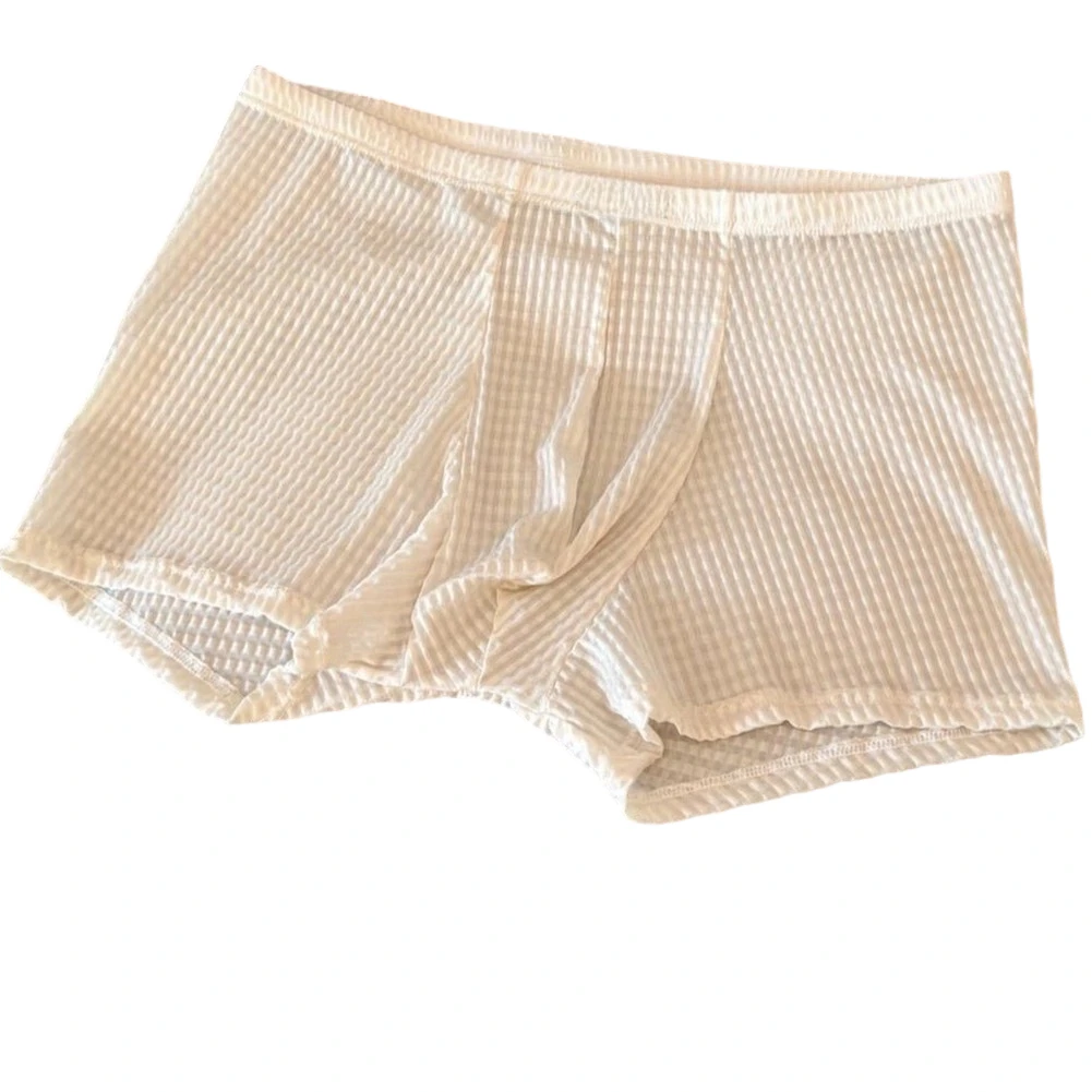 1pc Men's Plus Size Waffle Trunks Thin Ice Silk Underwear Solid U Convex Bulge Pouch Boxer Shorts Breathable Middle Waist