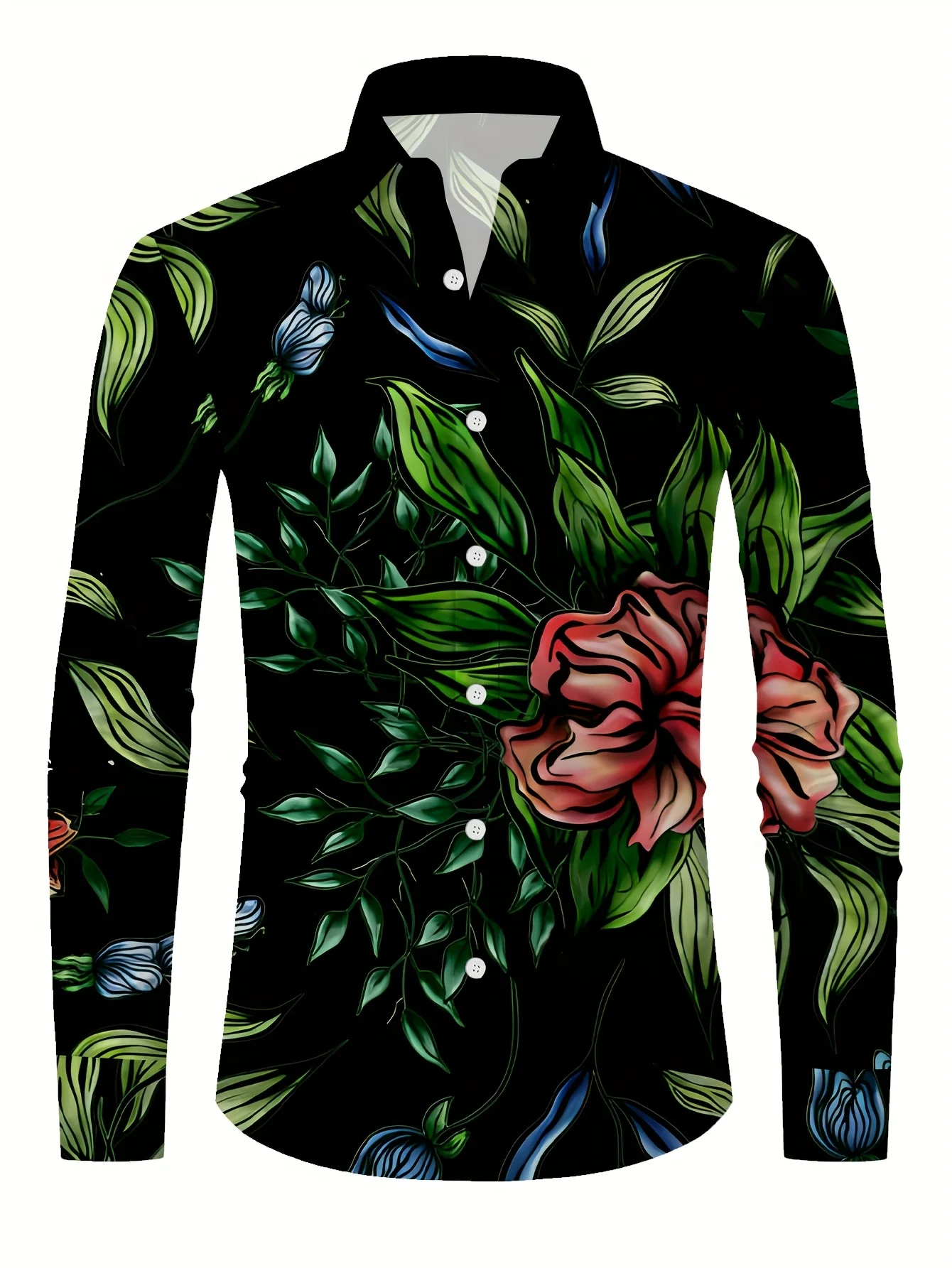 Men's Floral Print Long Sleeve Shirt  Contrast Regular Fit Button-Up, Classic Collar All-Season Versatile Top for Casual