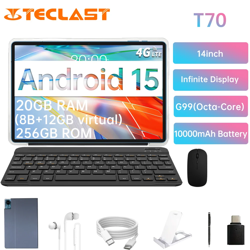 

Планшет Teclast T70, 8-ядерный/8 ГБ ОЗУ/256 ГБ ПЗУ/14 дюймов, 4G Dual SIM LTE/Android 15) с клавиатурой и беспроводной мышью, аксессуары