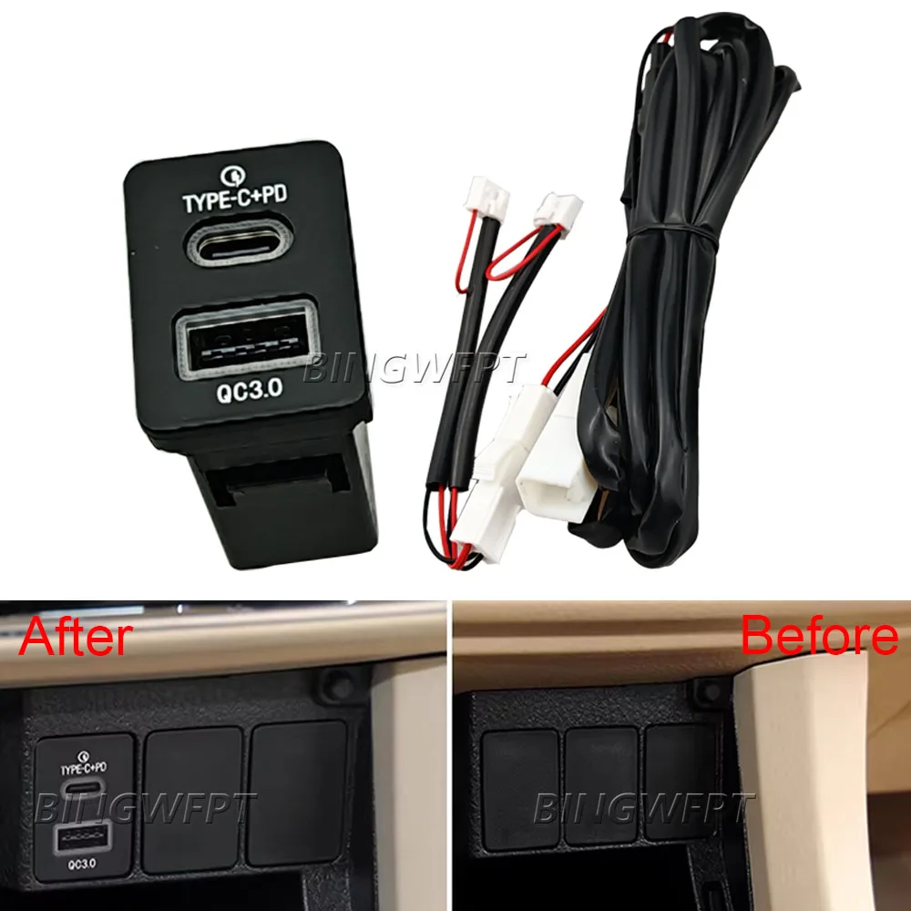 Cargador USB Rápido para Auto QC3.0 Tipo-C con Luz de Fondo Roja, Adaptador para Toyota Land Cruiser 08-17, Corolla 06-13, Corolla Híbrido 16-17
