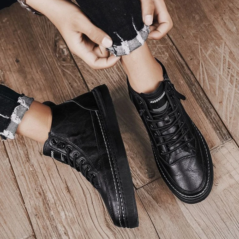 

Spring Autumn Leather with Zip Lace Up Man Shoes Low Price in Promotion Original Deals Y2k Casual Fashion High Cut Boots for Men