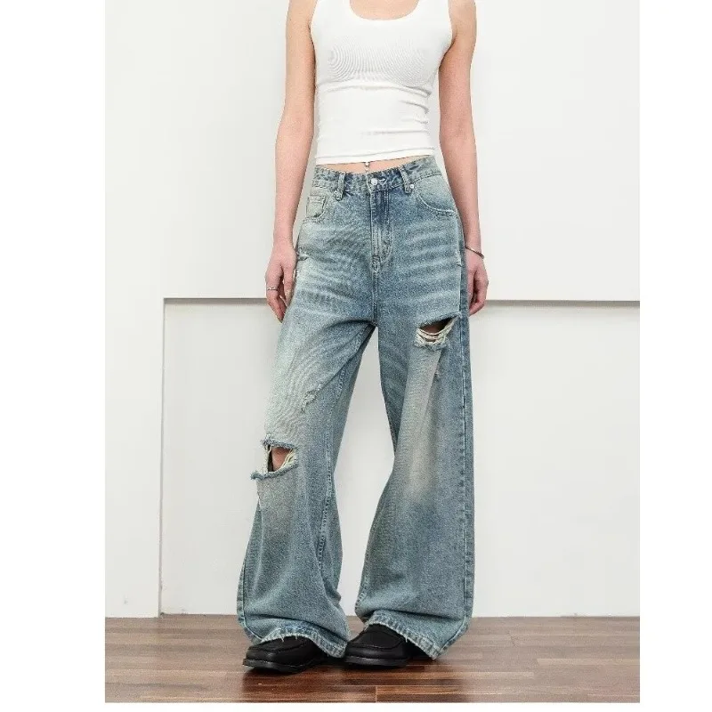 

Джинсы в стиле 2000-х годов, синие рваные джинсы Y2K, свободные джинсы в стиле Харадзюку, винтажные японские джинсовые брюки