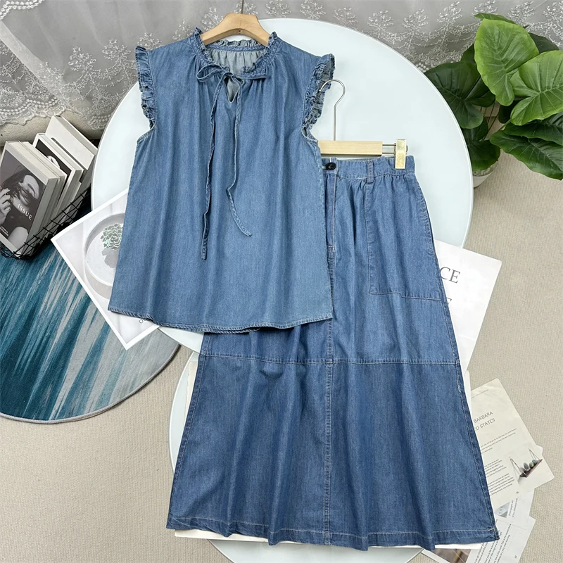 

Goddess Set Zhi2500 Denim Fabric Sleeveless Floral Top High Waist Long Half-length Skirt Commute Style Loose Fit Summer 2025