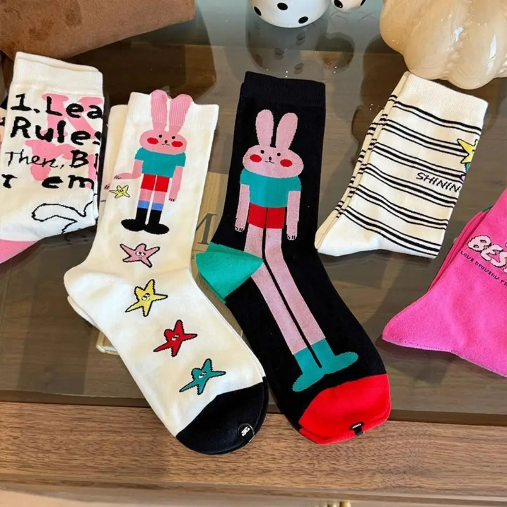 5Pairs Kawaii Rabbit Letter Mid-Calf Socks Multicolor Stripe Cartoon Socks Streetwear Harajuku Tube Socks Women Sports