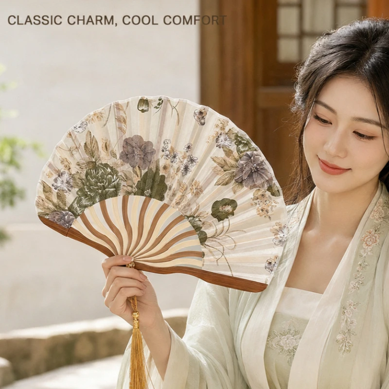 Old Fashion Botanical Print Foldable Hand Fan Attached Tassel Portable Cooling Fan for Travel Photography Party Outfit Matching