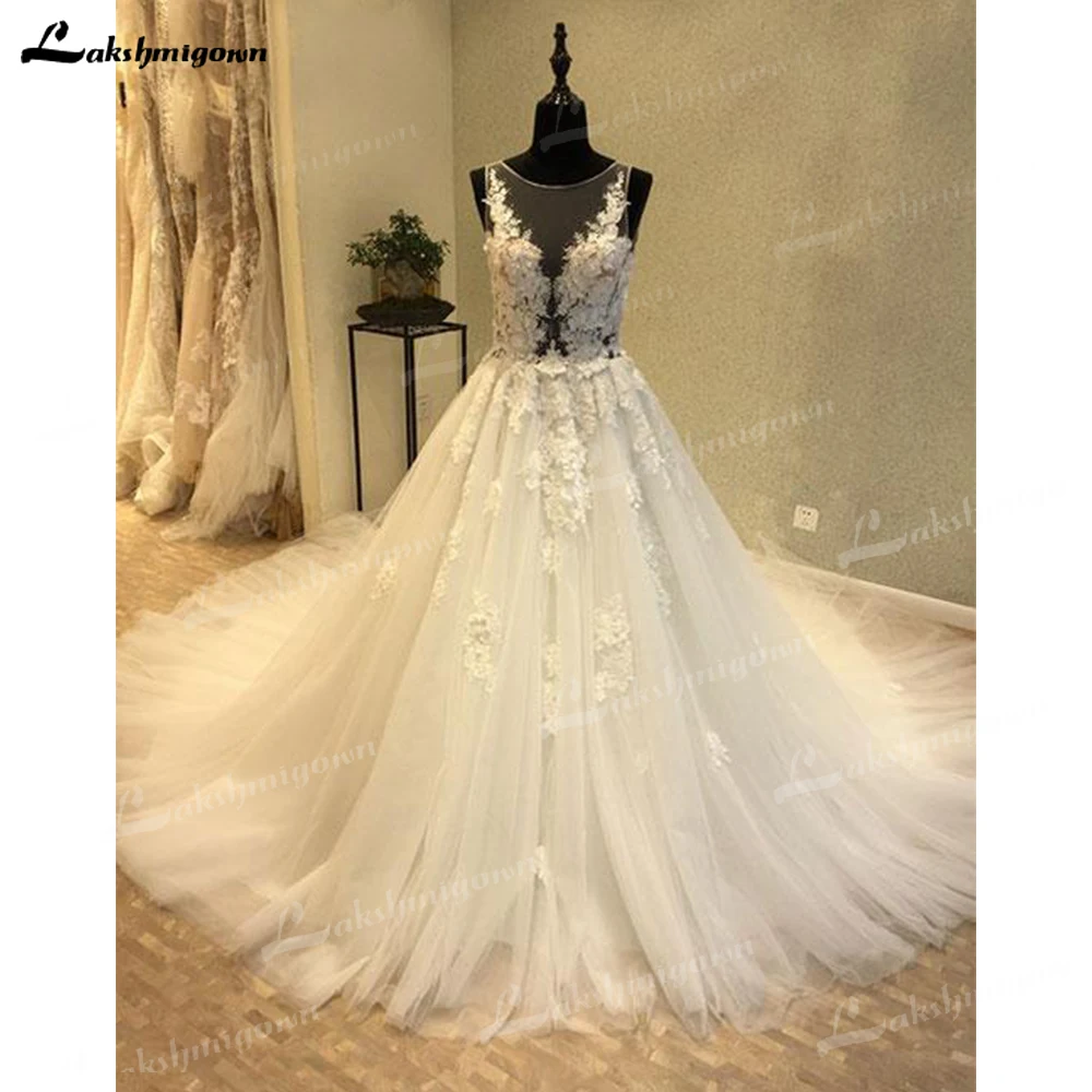 Linha a tule vestido de casamento de luxo apliques chiques 2023 vestido de noiva elegante o pescoço sem mangas robe mariage femme feito sob encomenda