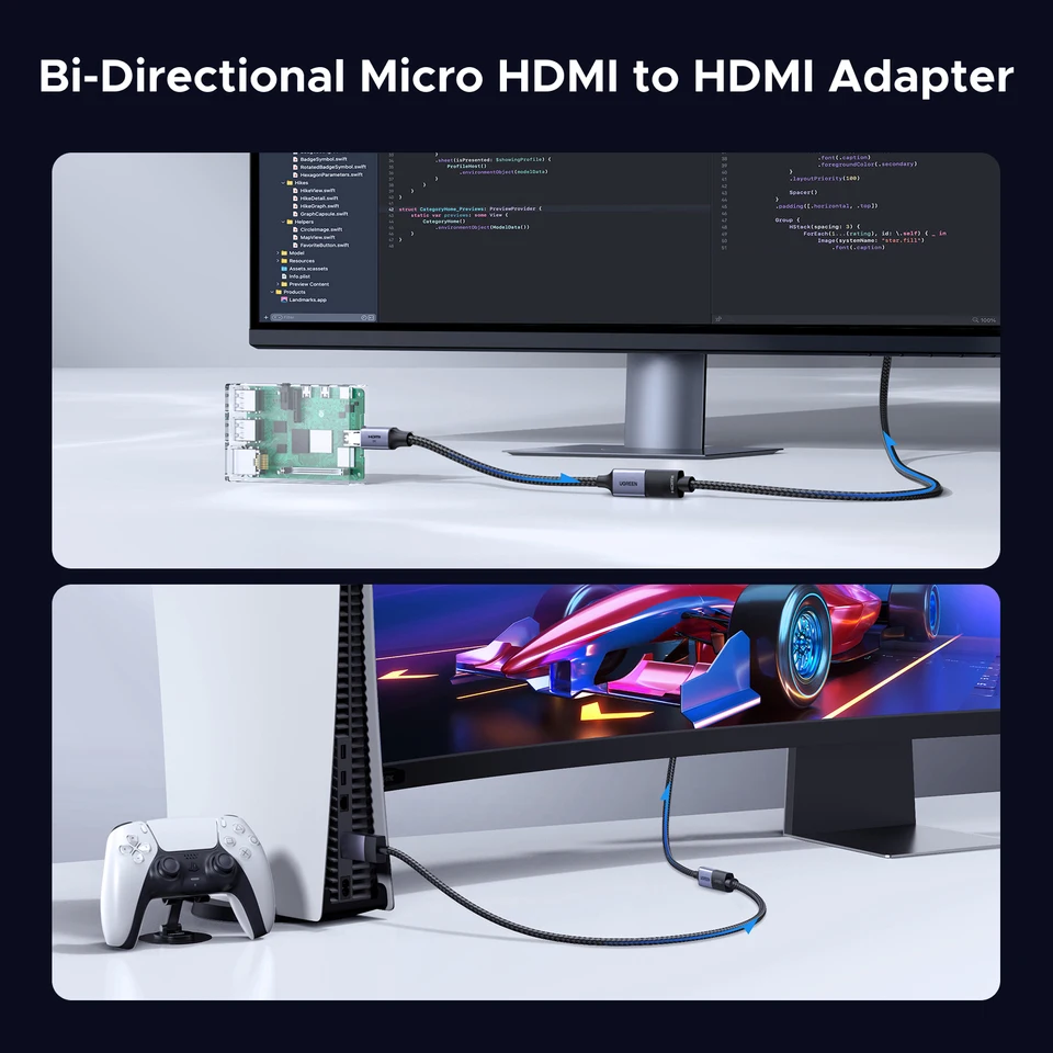 UGREEN Micro HDMI to HDMI Adapter 8K 60Hz 3D for GoPro Hero 7 Raspberry Pi 4 Nikon with Braided HDMI Cable