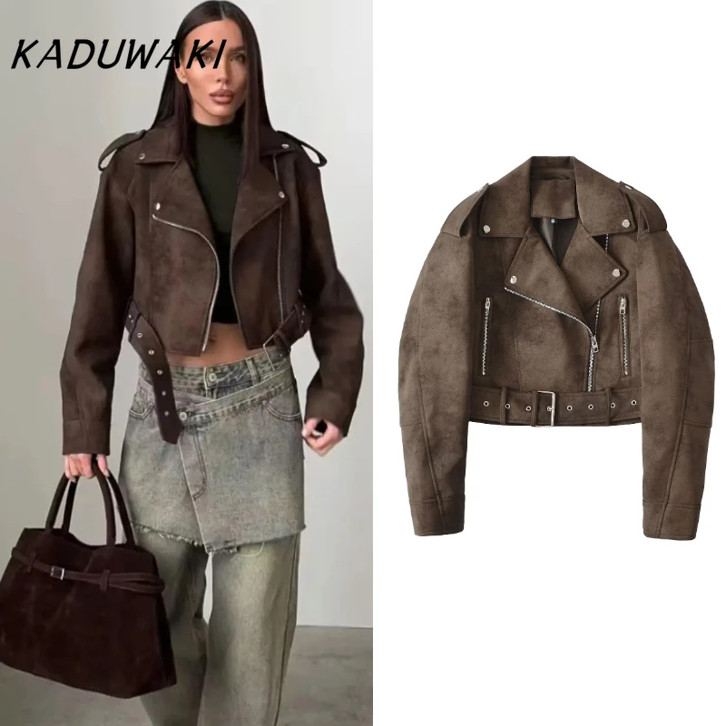 

KADUWAKI Women Autumn Winter Loose Gray Velvet Suede Short Jackets Belt Female High Street Zipper Retro Moto Biker Coats Outwear