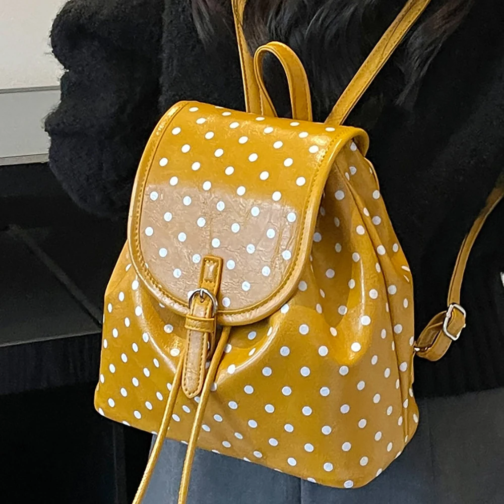 High Grade Bolka Dots Backpacks for Ladies Korean Ins Soft Buckle Drawstring Double Shoulder Bags Students Commute Backpack