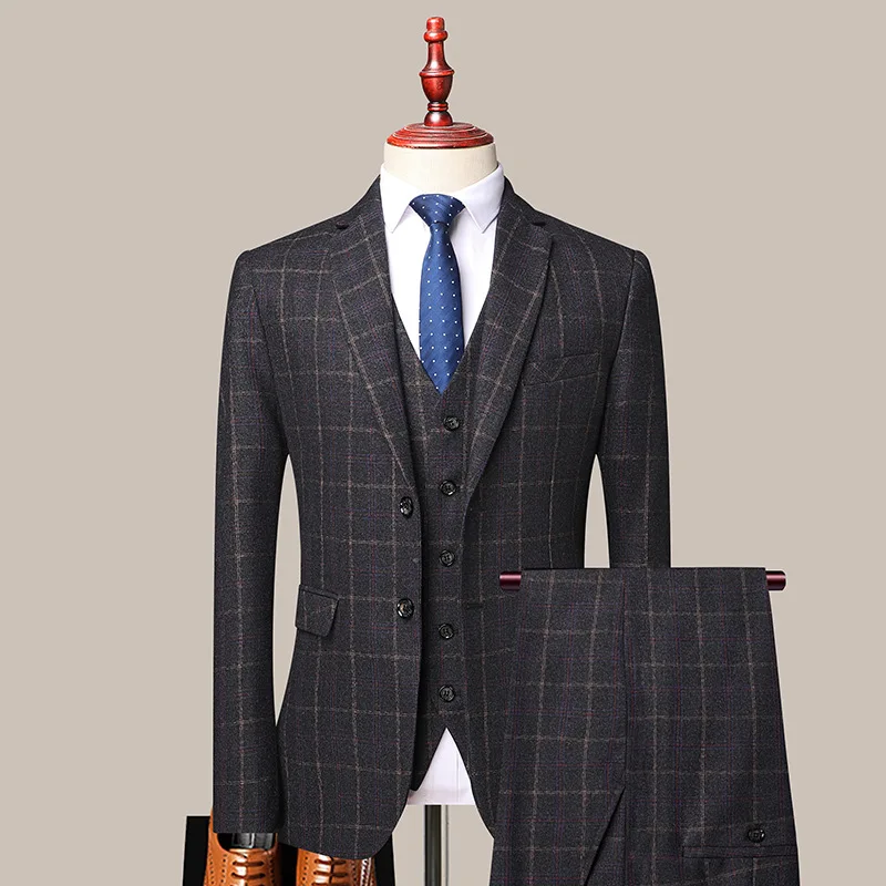 

Men's Suit Plaid Suit 3 Pieces Business Slimming For Wedding And Groom Banquet Work Set Jacket Vest With Pants