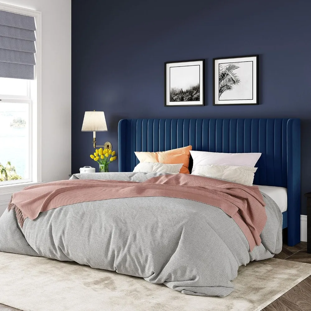 

King Size Velvet Bed Frame/Vertical Channel Tufted Wingback Headboard/Upholstered Platform Bed/Strong Wooden Slats