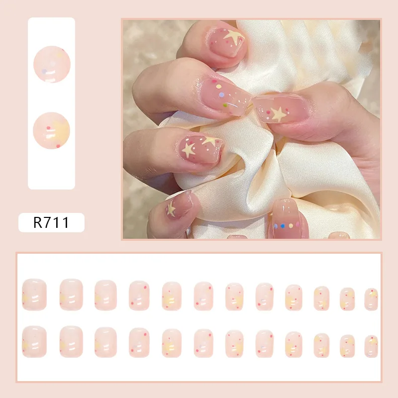 

24PCS Sheer Sweet Press-On Nails – Medium-Long Square Shape With Polka Dots & Star Motifs (Playful Minimalist Style)