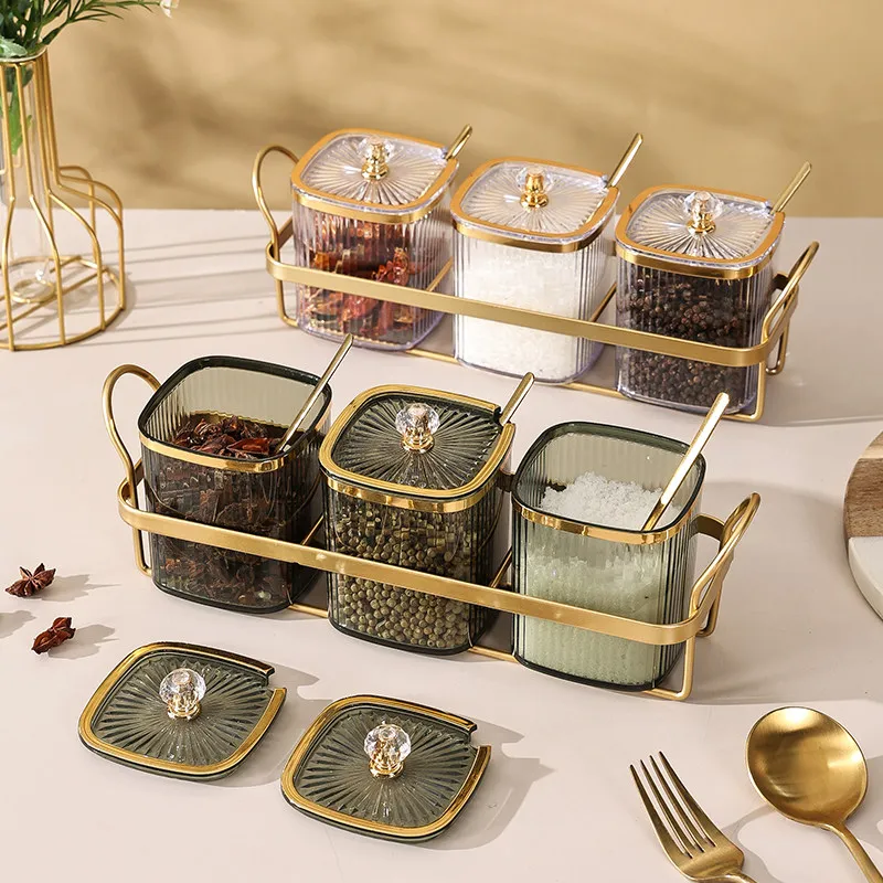 360ml Luxury Vertical Striped Green Seasoning Pot with Lid & Gold Spoon Home Kitchen Plastic Salt Sugar Spice Storage Jar