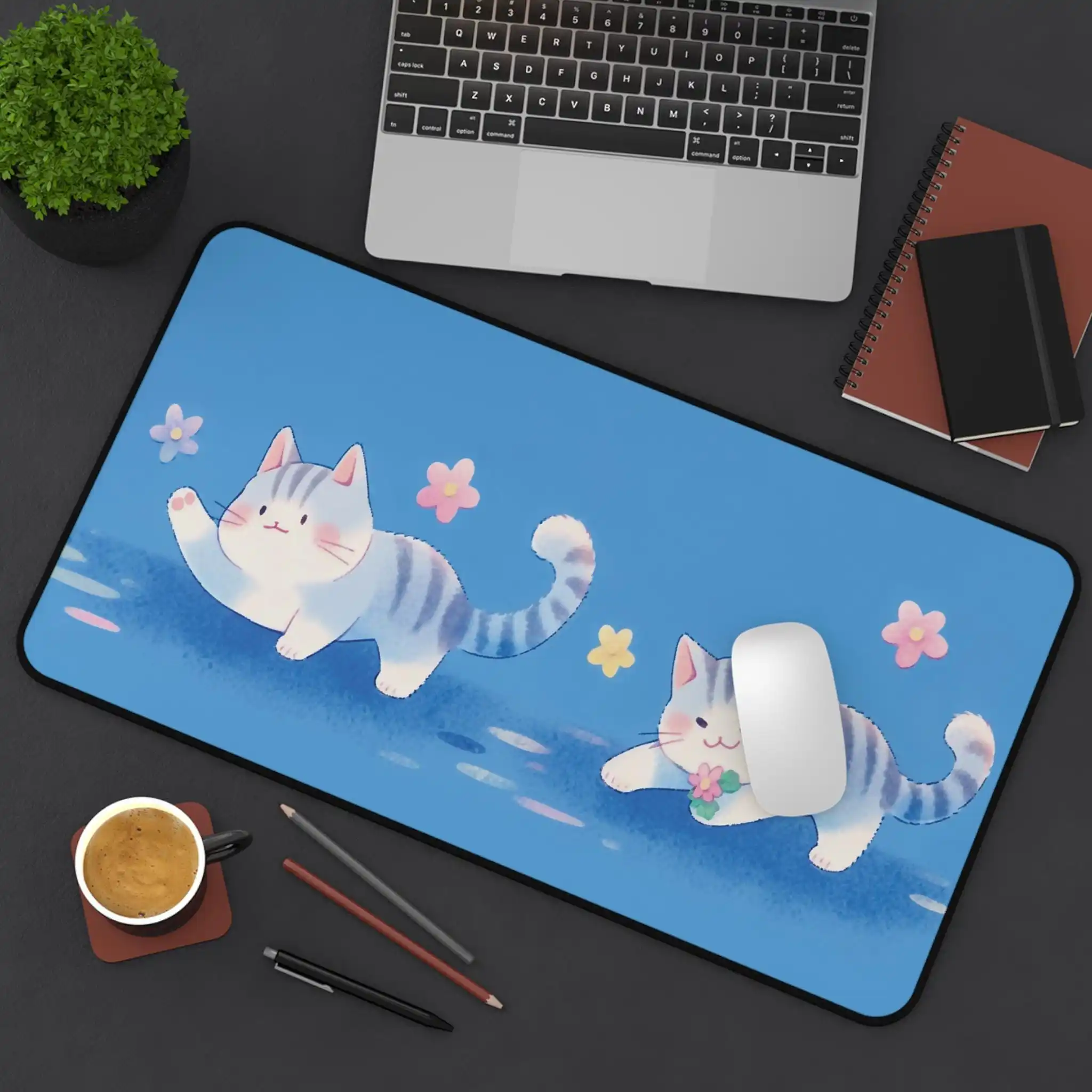 Cute Cat Desk Mats,Adorable Blue Fun Office Decoration,Wave Series Mouse Pads,A Perfect Gift for Cat Lovers, Beautiful Desk Mats