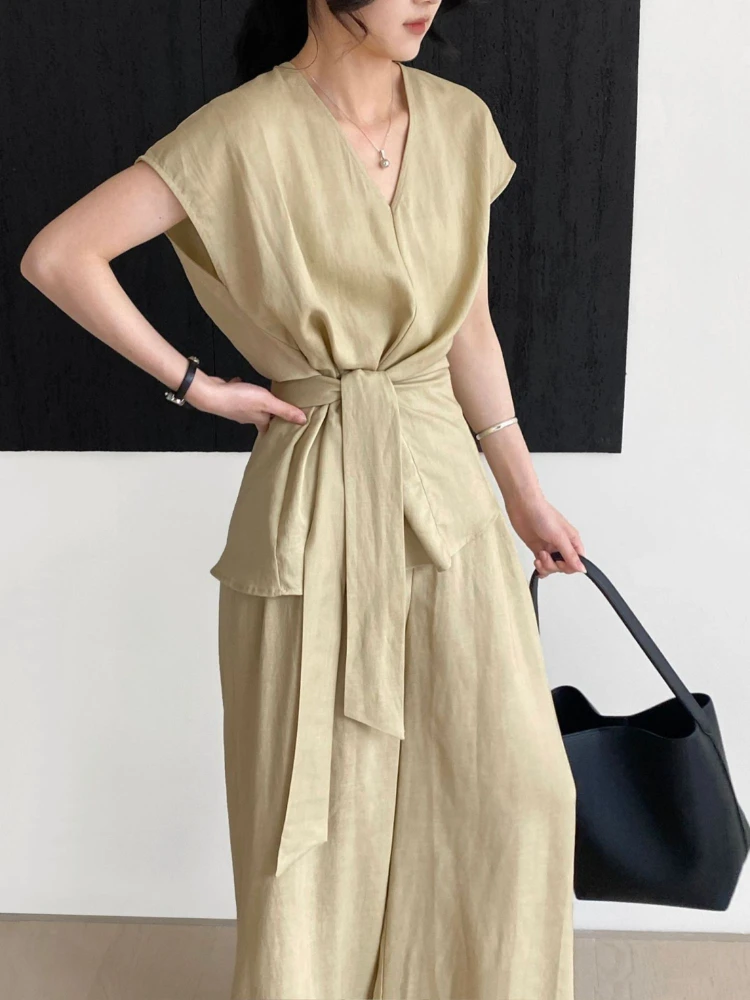 Set Blus dan Celana untuk Wanita 2 Potong Kemeja Kasual Bergaya Korea Elegan dengan Lengan Estetika Chic Celana Kaki Lebar Wanita