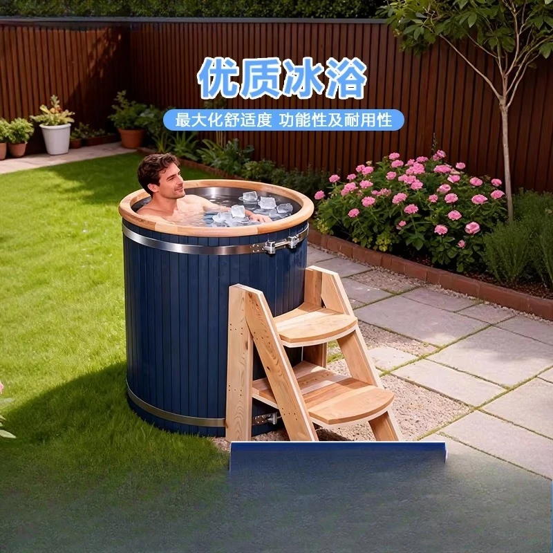 Manufacturer customized round household ice bath wooden bucket, red cedar stainless steel liner, single cold therapy thermal ins