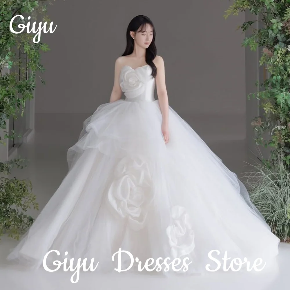 

Giyu Elegnat Sweetheart A Line Wedding Dress Pleat Stain Flowers Sweep Train Bridal Gown Photoshoot Korea 웨딩드레스 Customised 2025