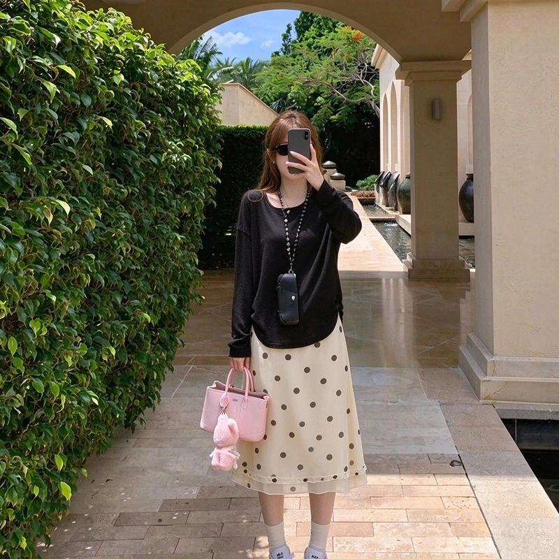 Fishtail Mermaid Skirt for Women Polka Dot Print Off White Black Summer Elegant Date Night Vacation Chic