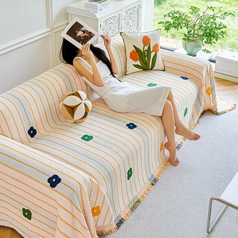 Ins Style Printed Fringe Sofa Towel Multi Functional Shawl Knee Blanket for Office Home Comfort All Inclusive Corner Couch Cover
