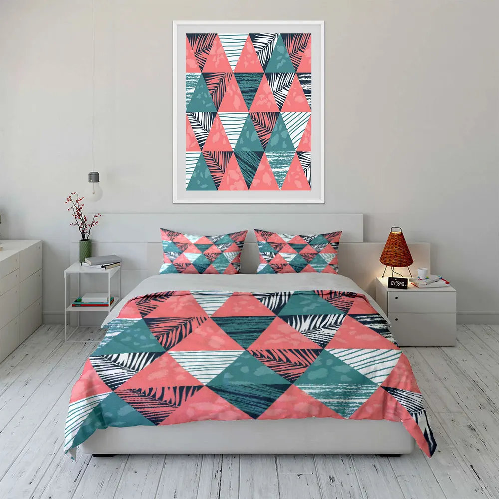 Geometric Triangles with Tropical Leaves Pattern Duvet Cover Set Digital Print Colorful Polyester Bedding with Zipper Closur