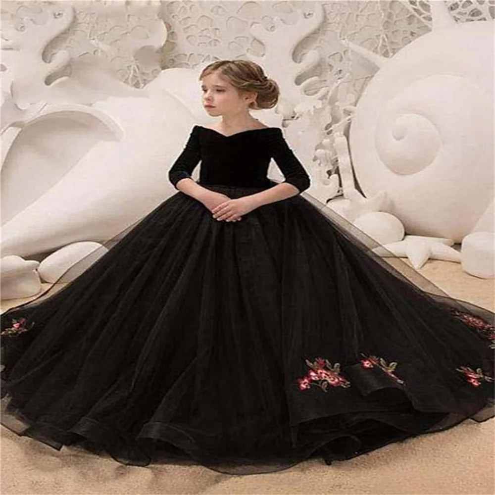 Elegante vestido fofo florista, vestido de baile preto princesa, vestido de meia manga, aniversário, primeira comunhão, baile de formatura, criança