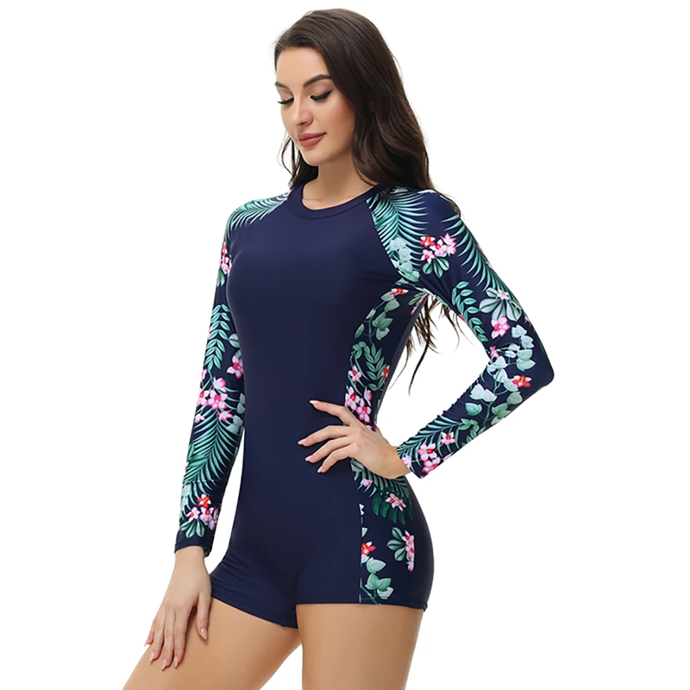 One Piece Women Swimsuit Long Sleeve Swimwear Diving Printed Plus Size Bathing Suit Push Up Female Zipper Surfing UV Protection