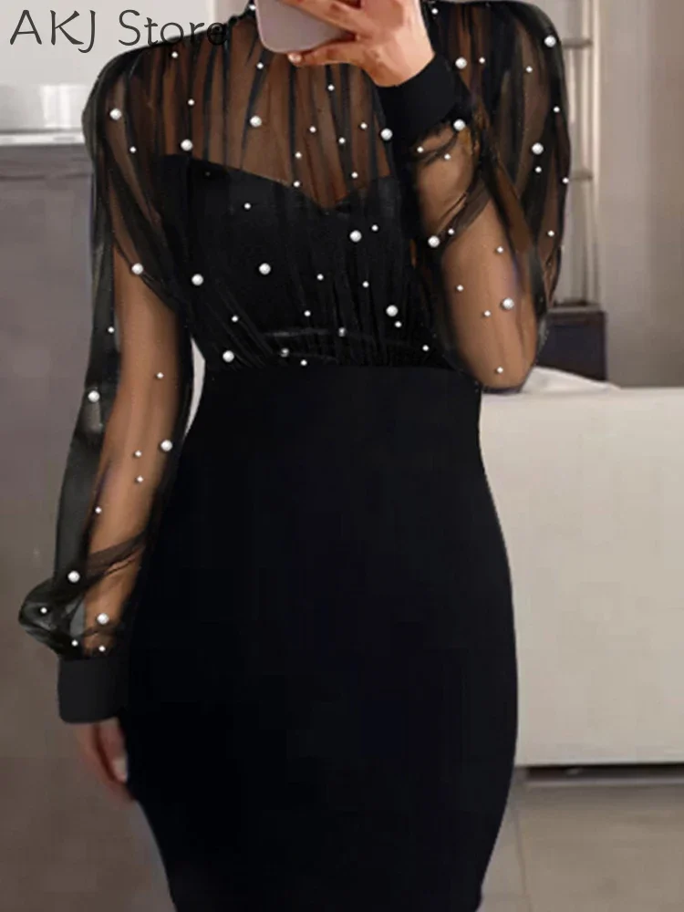 Vestido ajustado con cuentas y retazos de malla transparente sexy para mujer