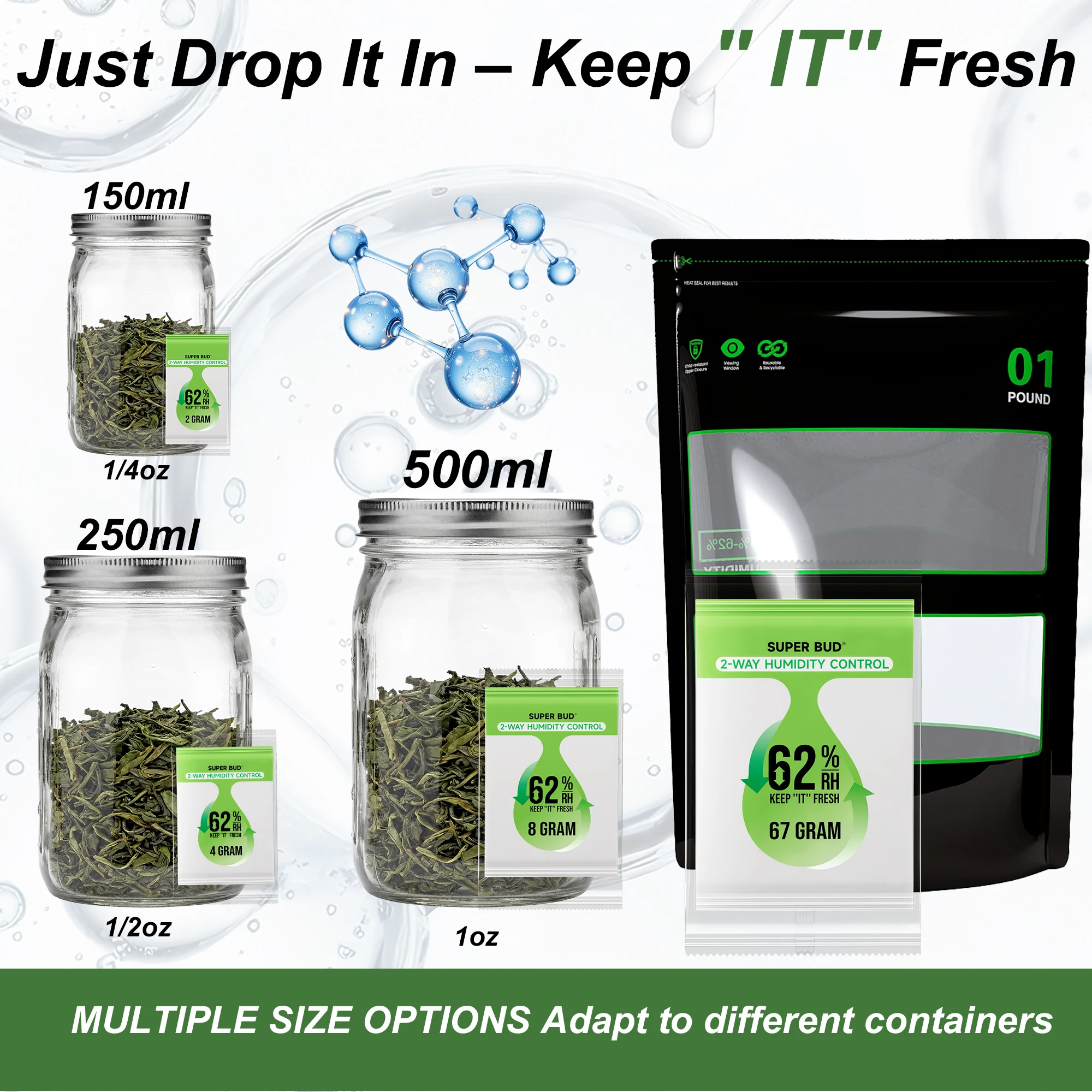 2-Way Humidity Control Packs Size 4g/ 8g, 62% RH Humidifier Packs Hydration Moisture Balancer Packet For Storage Herbs Flowers