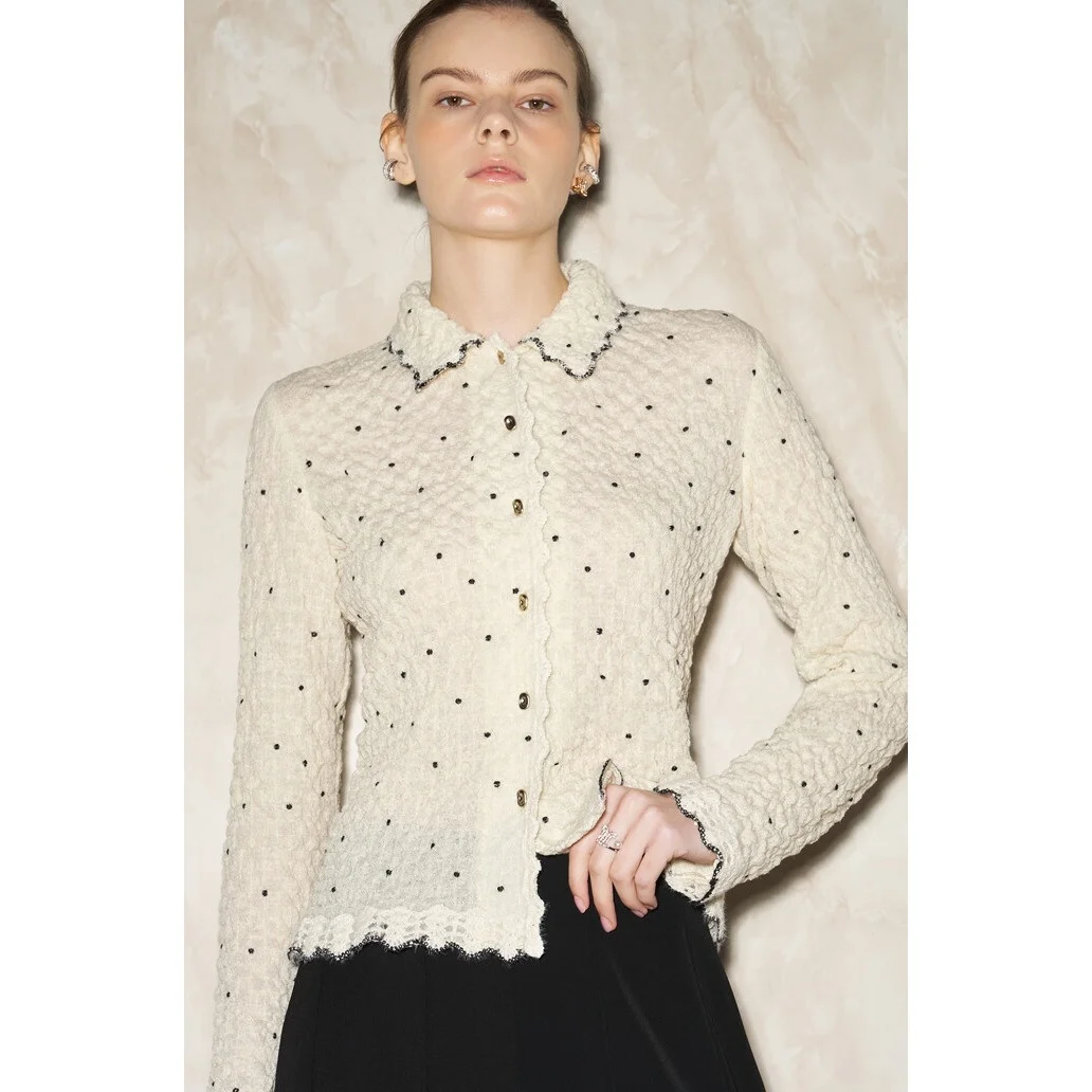 

Женская блузка Ele Korean Sle с вышивкой в ​​горошек, облегающая, с воротником, эластичная, удобная для поездок на работу, универсальная, с длинными рукавами