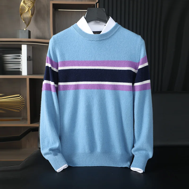Autumn And Winter New Men's Wool Knitted Pullover Striped Plus Size Casual Sweater Youth Thickened Bottoming Shirt