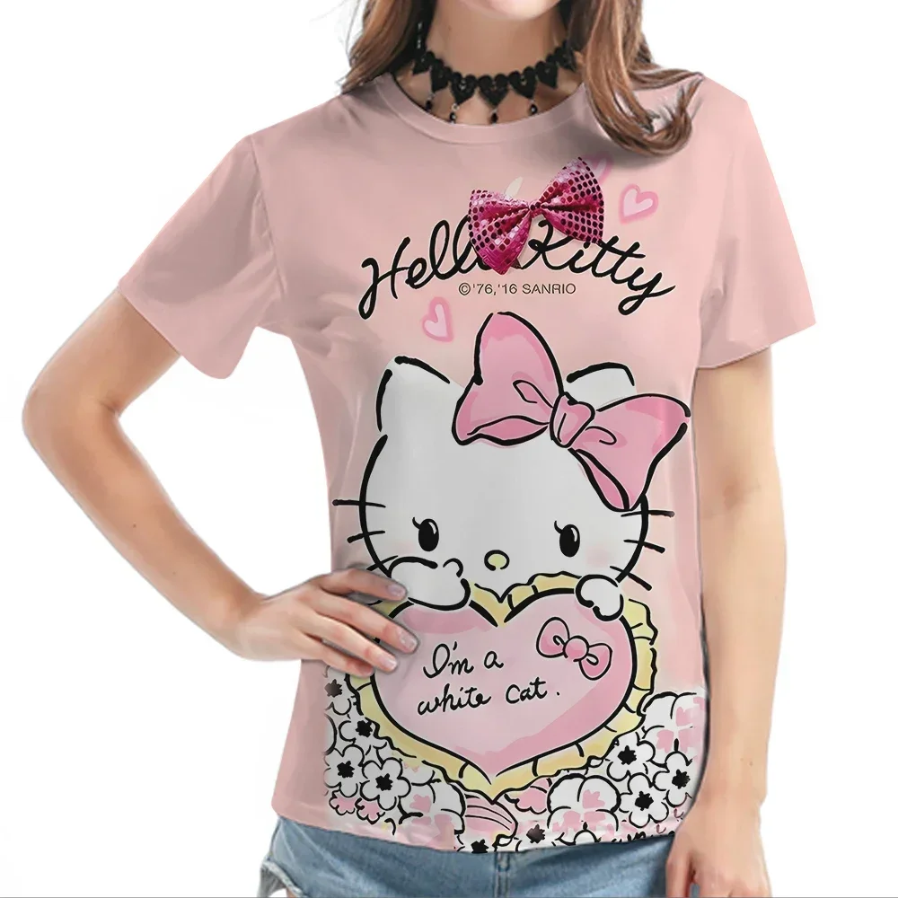 

New short-sleeved women's summer T-shirt 3D fashion Hello Kitty print T-shirt Women's T-shirt clothing round-neck top