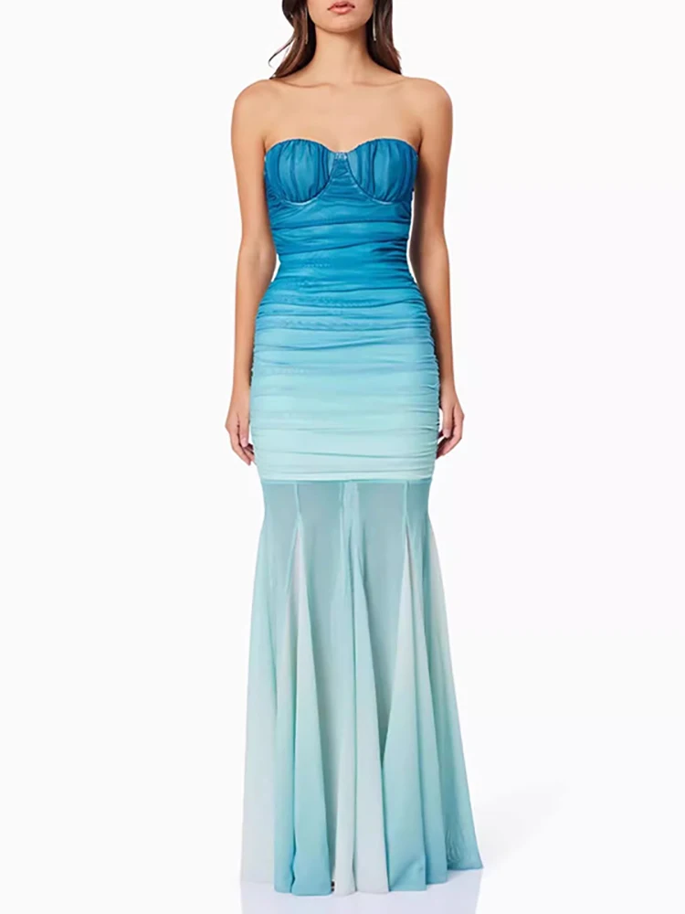 

Summer Sexy Strapless Gradient Folds Long Dress Women Sleeveless Backless Colorblock Slim Dresses Evening Beach Party Sundress