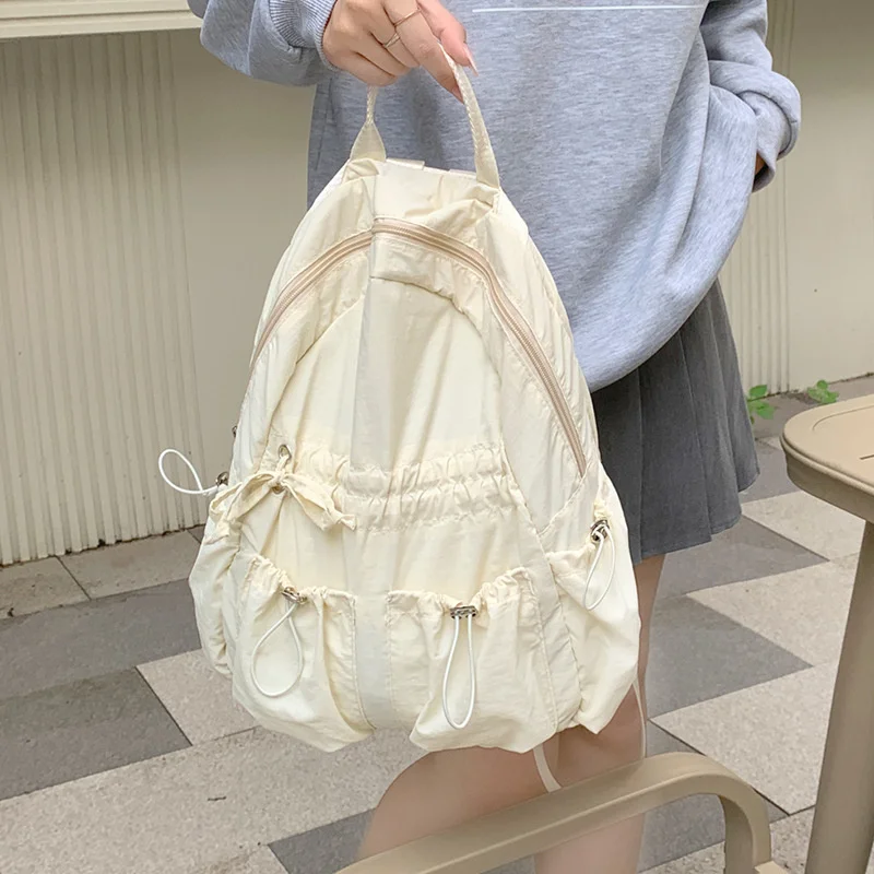 Korea Lightweight Nylon Backpack Women Japan Fashion Drawstring Student Solid Schoolbag Casual Pleated Leisure Travel Backpack